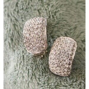 Crystal Pave Rhinestone  Clip On Earrings Curved Silver Tone Clear